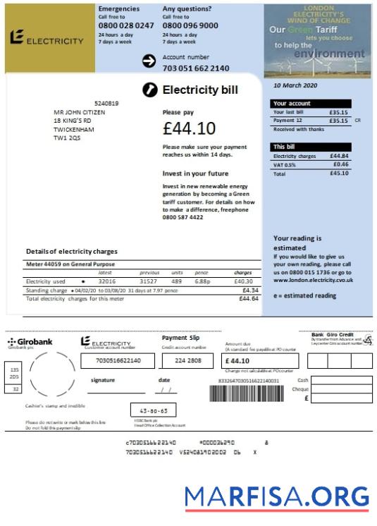 Realistic United Kingdom Electricity utility bill template in Word and PDF format